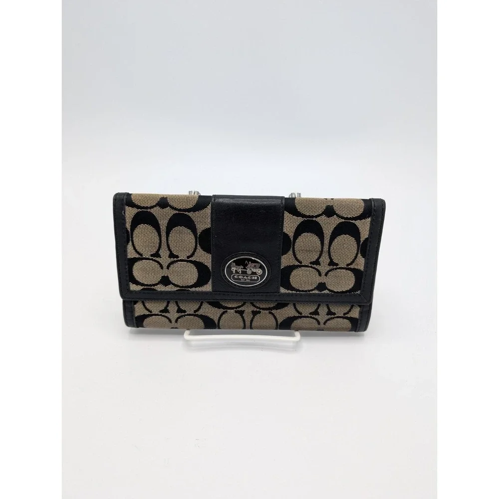 Authentic Coach Ivory & Black Jacquard Slim Tri-Fold Signature Hampton Wallet